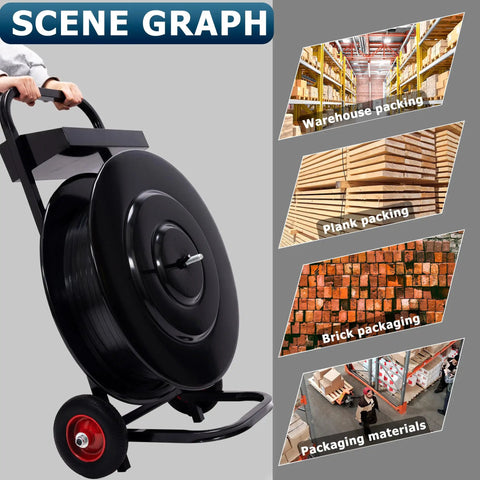 Beast Heavy Duty Strapping Cart With Built In Tray And Dispenser next to packaging scenes; suitable for various packing tasks.