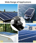 Aluminum Solar Panel Mounting Kit For 4 Panels With Four Point Seven Two Inch Rails And All End Clamps Center Clamps Wrench Waterproof Roof RV Boat Mounting System Black Easy Install And Secure Fit shown on various applications.