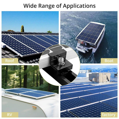 Aluminum Solar Panel Mounting Kit For 4 Panels With Four Point Seven Two Inch Rails And All End Clamps Center Clamps Wrench Waterproof Roof RV Boat Mounting System Black Easy Install And Secure Fit shown on various applications.