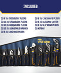 GrooveLock Pliers Set 8 Piece With Press And Slide Quick Adjust Non Slip Anti Pinch ProTouch Grips organized in kitbag
