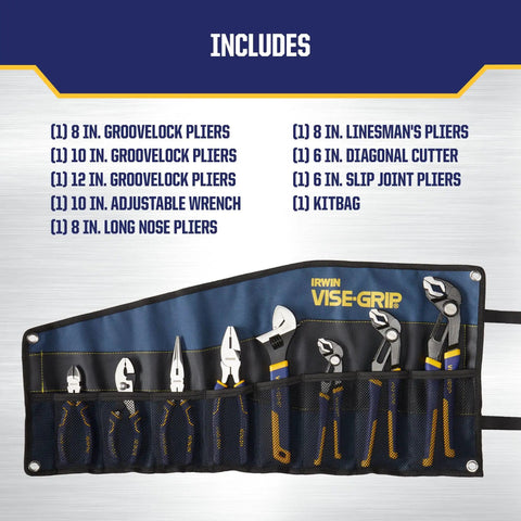 GrooveLock Pliers Set 8 Piece With Press And Slide Quick Adjust Non Slip Anti Pinch ProTouch Grips organized in kitbag