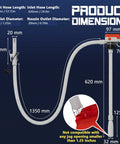 Product dimensions for 5 Gpm Cordless Fuel Transfer Pump with hose lengths and diameters for gasoline and diesel use.