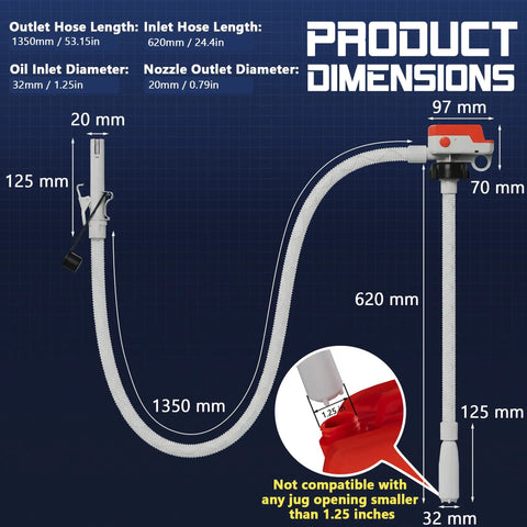 Product dimensions for 5 Gpm Cordless Fuel Transfer Pump with hose lengths and diameters for gasoline and diesel use.