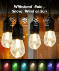 96 Foot Solar Outdoor String Lights With 30 Shatterproof Edison LEDs showing weather resistance in rain, snow, sun, wind.