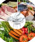 Stainless Steel Kitchen Sink Strainer No Fuss Dishwasher Safe Drain Filter With 4.4 Inch Outer Diameter And 3 Inch Inner Diameter Pack Of 3 Heavy Duty Mesh Traps Food Debris Without Slowing Water Flow with images of fresh produce, seafood, and meats.