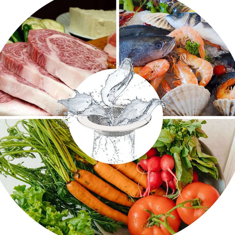Stainless Steel Kitchen Sink Strainer No Fuss Dishwasher Safe Drain Filter With 4.4 Inch Outer Diameter And 3 Inch Inner Diameter Pack Of 3 Heavy Duty Mesh Traps Food Debris Without Slowing Water Flow with images of fresh produce, seafood, and meats.
