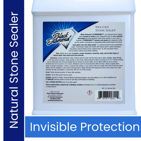 No Sweat Heavy Duty Natural Stone And Grout Penetrating Sealer For Granite Marble Concrete And Tile Floors Deep Water Oil And Grease Shield 4 Gallon jug with label.