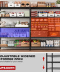 Beefy Heavy Duty 5 Tier Wire Shelving Unit, 73 Inch Wide, 71 Inch High, 17.7 Inch Deep, Garage Storage Solution, Commercial Grade Steel Shelves Holds Up To 1650 Lbs, Extra Wide Organization Rack, Easy Assembly. Black steel wire shelving filled with pantry items, showing adjustable shelf height.