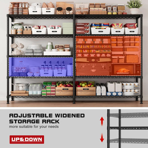 Beefy Heavy Duty 5 Tier Wire Shelving Unit, 73 Inch Wide, 71 Inch High, 17.7 Inch Deep, Garage Storage Solution, Commercial Grade Steel Shelves Holds Up To 1650 Lbs, Extra Wide Organization Rack, Easy Assembly. Black steel wire shelving filled with pantry items, showing adjustable shelf height.