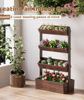 Wooden Raised Garden Bed Vertical Planter Box with four-tier design for herbs and flowers on a balcony.