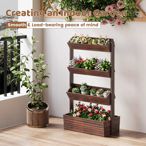 Wooden Raised Garden Bed Vertical Planter Box with four-tier design for herbs and flowers on a balcony.