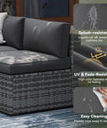Replacement Outdoor Cushions For Patio Furniture 14 Piece Deep Seat Cushions For 6 Seat Patio Conversation Sets Splash Proof And Fade Resistant Grey Vacuum Packed And Expands To Full 4 Inch Thickness Within 2 Days on a wicker chair with splash-resistant and fade-resistant features highlighted.