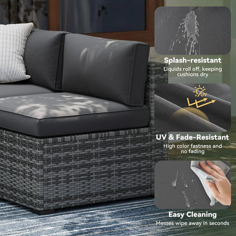 Replacement Outdoor Cushions For Patio Furniture 14 Piece Deep Seat Cushions For 6 Seat Patio Conversation Sets Splash Proof And Fade Resistant Grey Vacuum Packed And Expands To Full 4 Inch Thickness Within 2 Days on a wicker chair with splash-resistant and fade-resistant features highlighted.