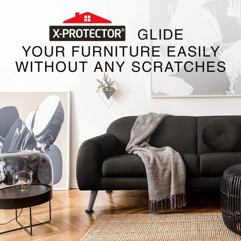 Modern living room with black couch using Heavy Duty Felt Furniture Sliders For Hardwood Floors 16 Piece Set Protect Floors