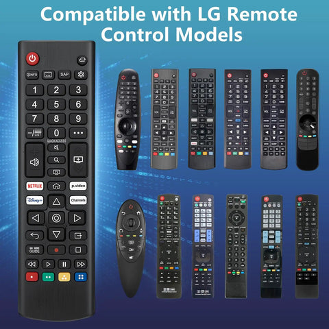 Universal Replacement Remote For Smart TVs Compatible With OLED And QNED Mini LED Series Including UP70 UP75 UP76 UP80 UP87 Pack Of 2 No Fuss Setup No Programming Required Durable Build, showing multiple LG remote models.