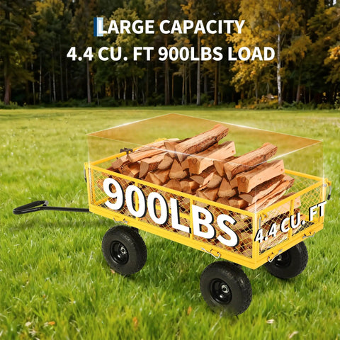 900 Lbs Heavy Duty Garden Wagon Cart With Steel Frame, Removable Mesh Sides, loaded with firewood on grassy field