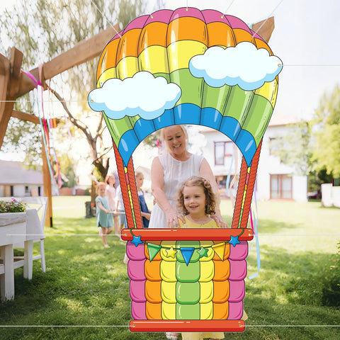 Hot Air Balloon Photo Booth Props Two Piece Set With Colorful Backdrop Banner For Graduation Parties And Baby Showers setup