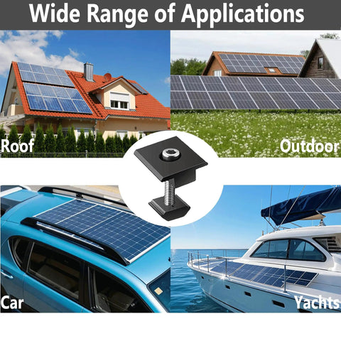 Heavy Duty Rock Solid Center Clamps For Solar Panels 10 Pack showcased on roofs, cars, and yachts for versatile installation.