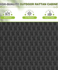 Close-up of black rattan material used in Rattan Outdoor Storage Cabinet With Towel Rack And Drawer, Dual Shelves For Pool Towels And Garden Tools, Weatherproof Backyard Patio Deck Organizer, Lockable Design, Black.