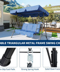 Three-Seat Outdoor Porch Swing With Adjustable Canopy And Removable Cushions Powder-Coated Steel Frame Sturdy Stand Blue Patio Swing