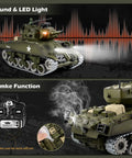 One Eighteen Scale Alloy M4A3 Sherman RC Tank With Smoke, Sound, LED Lights And Recoil, Two Point Four GHz Remote Control