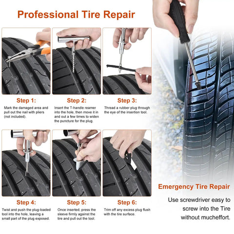 Step-by-step guide using Heavy Duty Tire Repair Kit With Screw Plugs And T Handle on tire puncture, featuring screwdriver usage.