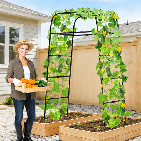 7ft Garden Arch Trellis For Climbing Plants Tough As Nails Heavy Duty Steel Outdoor Arbor with vines in raised beds