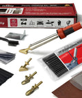 Deluxe Plastic Welding Kit With 80W UL Certified Welder Pro Grade DIY Plastic Repair For Car Bumpers Kayaks Tanks Boats And More Includes 17 Pc Aluminum Repair Tape Sandpaper 20 PolyPlaz Rods, showing contents including welder, repair tape, rods, and accessories.
