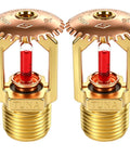 Heavy Duty Fire Sprinkler Head Two Pack Straight Up Reliable For House Or Store Upright Spray With Half Inch American Thread Easy Install And Legit UL Approval, showing two brass sprinkler heads with glass bulbs.