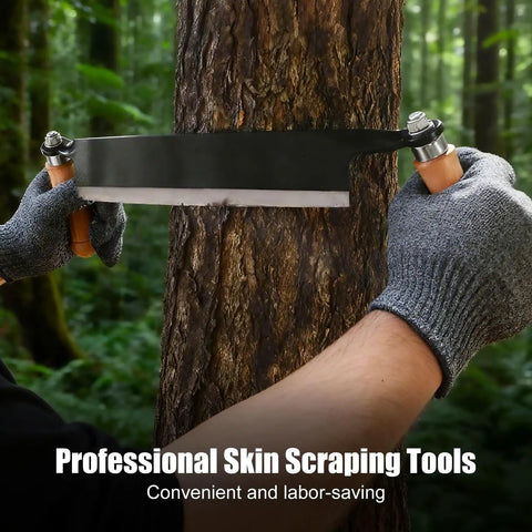 10 Inch Draw Knife With Curved Blade Debarking Tool Grippy Ergonomic Handle For Quick Bark Removal in use on tree