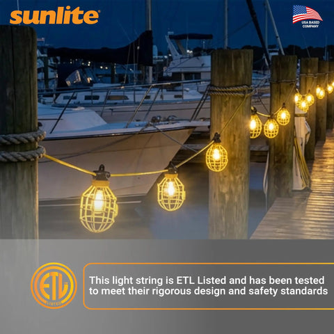 Industrial Cage String Lights 50 Ft With 5 E26 Sockets 75W Max Per Bulb ETL Rated lighting illuminating a dock at night