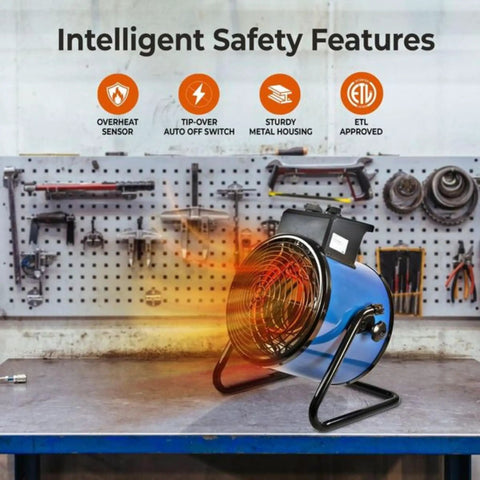 Heavy Duty 5000W 240V Industrial Space Heater For Garage Or Workshop in blue steel cabinet on workbench
