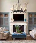 Living room with Black Industrial Wagon Wheel Chandelier Pendant Light For Kitchen Rustic Farmhouse Round Candle Style 10 Lights E12 Base