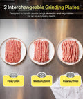 3 interchangeable grinding plates with fine, medium, and coarse minced meat for Behome Electric Meat Grinder with 2800W Max Motor.