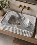 Calacatta Viola Marble Fluted Sink, wall mounted, hand-carved rectangular bathroom vanity basin, custom size, top view.