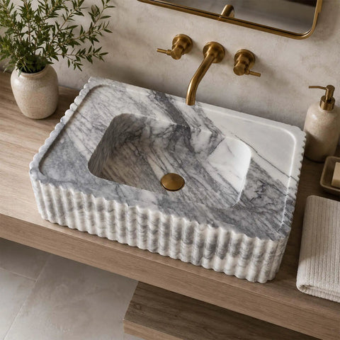 Calacatta Viola Marble Fluted Sink, wall mounted, hand-carved rectangular bathroom vanity basin, custom size, top view.