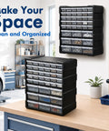 Two Size Drawer Organizer For Garage And Craft Storage With Dividers And Labels, Thick Heavy Duty Organizer For Hardware, Screws, Nuts And Bolts, Beads, Charms, Craft Supplies, Scrapbooking, Teacher Toolbox on a workbench