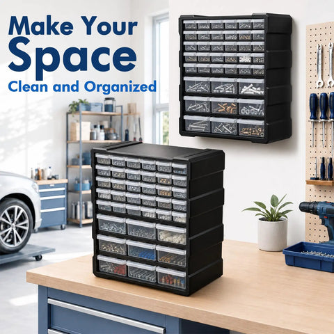 Two Size Drawer Organizer For Garage And Craft Storage With Dividers And Labels, Thick Heavy Duty Organizer For Hardware, Screws, Nuts And Bolts, Beads, Charms, Craft Supplies, Scrapbooking, Teacher Toolbox on a workbench