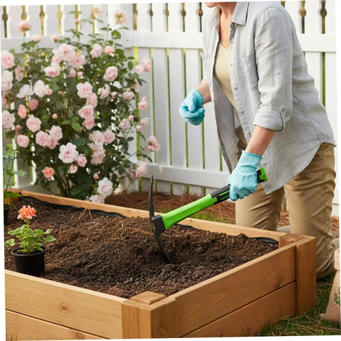 Person using 16.9 Inch Double-Sided Garden Hoe Pick Axe With Heavy Duty Build And Non-Slip Ergonomic Handle for gardening in raised bed