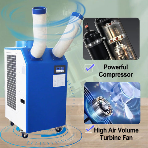 Heavy Duty Rolling Industrial Spot Cooler With 14L Reservoir And Adjustable Vents Delivers Straight Up 18700 Btu No Sweat Cooling For Workshops Garages And Outdoor Job Sites with dual hoses and controls.