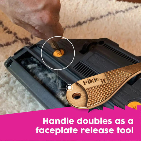 Universal Hair Removal Tool For Any Vacuum that slashes through tangled pet and human hair, shown as faceplate release tool.