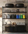 Tough As Nails Rock Solid Heavy Duty Metal Storage Rack Five Tier Wire Shelf with tools, tires, and containers in garage.