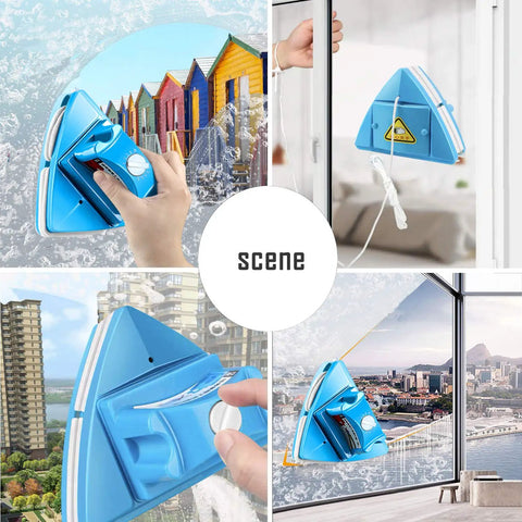 Top Shelf Double Sided Magnetic Window Cleaner With Adjustable Magnet Strength Five Gear Glass Wiper Tool For High Rise Apartments And Thick Double Glazed Homes in use on a glass window.