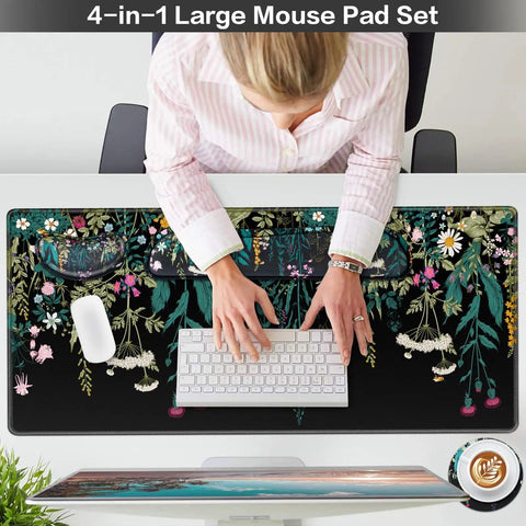 Person using Huge 4-In-1 XXL Desk Pad Set With Wrist Rest, Gaming Mouse Pad, Keyboard Wrist Pad, Mouse Pad Wrist Support And Cup Coaster, Floral Ergonomic Desk Mat for office use.
