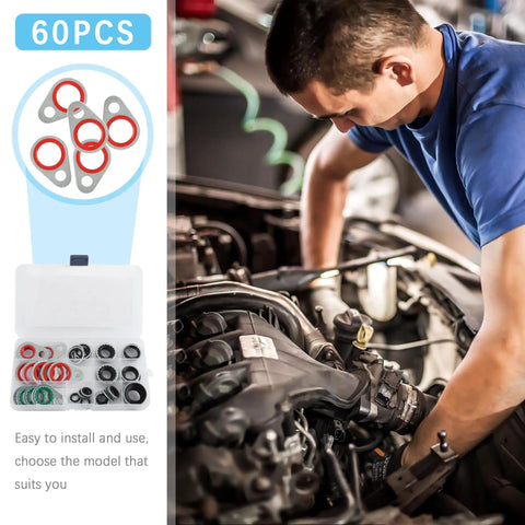 Mechanic using 60 Piece AC O Ring And Seal Kit For Air Conditioning Compressor Replacement With O Ring Assortment in shop