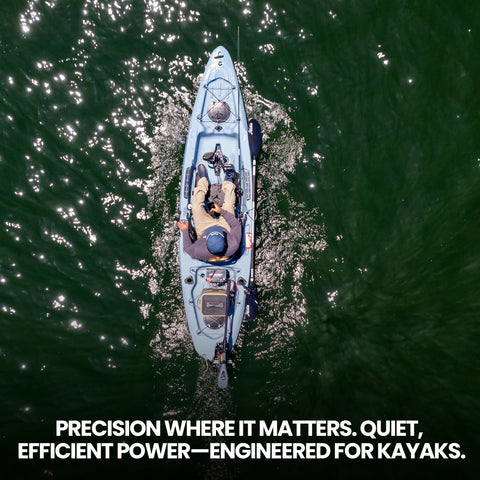 Kayaker using Saltwater Ready Kayak Trolling Motor 36 Lb Thrust Transom Mount With LED Battery Indicator on open water