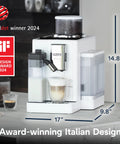 One Touch Automatic Espresso Machine With Integrated Grinder And Smart Milk Frother In Sleek White delivers eighteen shop quality shots, front view.
