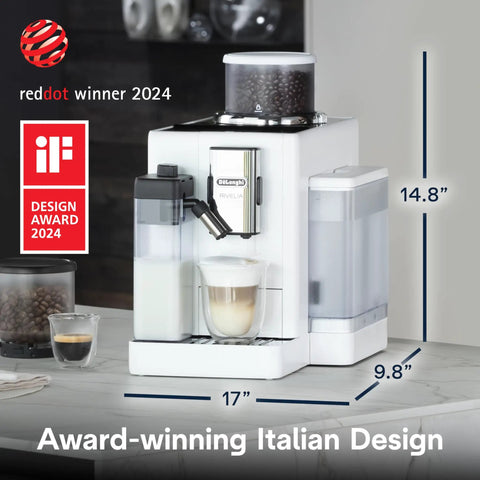 One Touch Automatic Espresso Machine With Integrated Grinder And Smart Milk Frother In Sleek White delivers eighteen shop quality shots, front view.