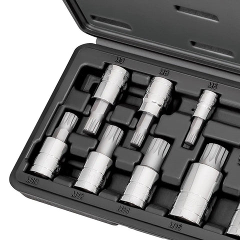 Pro Grade 10 Piece XZN Triple Square Socket Set M4 To M18 In S2 CrV Steel in durable storage case for VW Audi BMW Mercedes Porsche