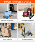 Heavy Duty Foldable Platform Hand Truck Rated At 330 Lbs With Silent Swivel Rollers transporting water bottles and luggage.